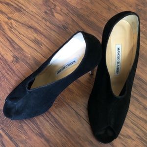 Manolo Blahnik Black Suede Peep Toe Booties 38.5